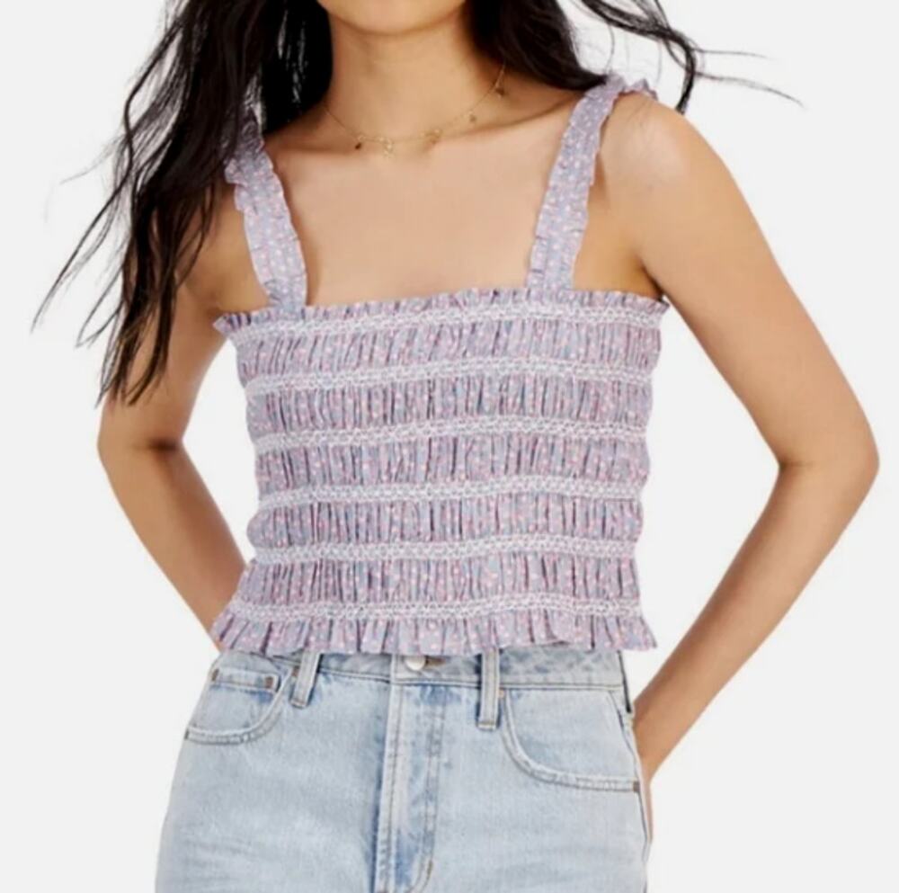 French Connection Tank Top Womens 8 Floral Smocked Cotton Poplin Cropped Preppy